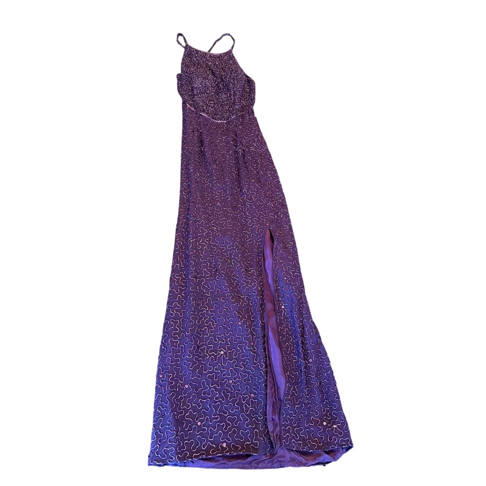 Andretta Donatello Beaded Evening‎ Gown Purple Halter Neck Slit